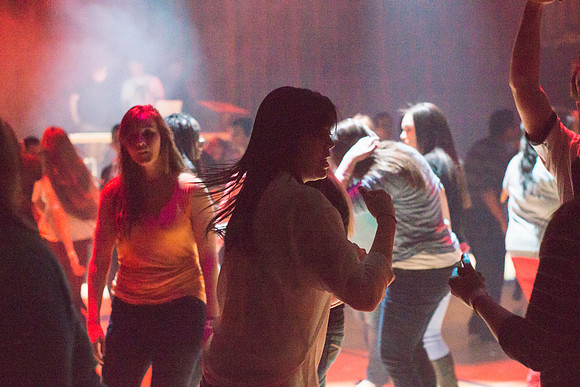 Students dance at an animal-themed dance party at in the Hart Gym.