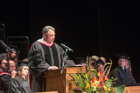 Kevin Bower, Dean of the College of Performing and Visual Arts, welcomes students, family and friends to the convocation ceremony of the College of Performing and Visual Arts.