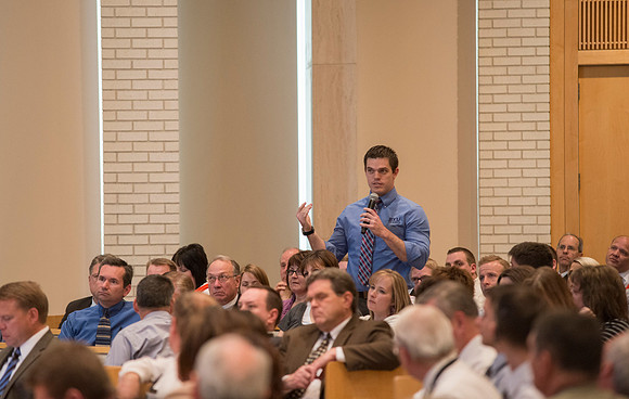 Employees gather in the Taylor Chapel for an All Employee Meeting where President Clark talked about the growth and future of Pathway and Online Learning.