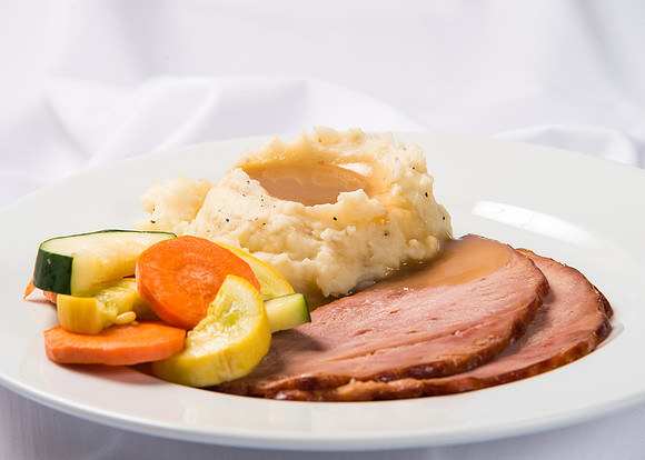 BYU-Idaho Food Service Catering menu item. Ham, potatoes and gravy and vegetables.