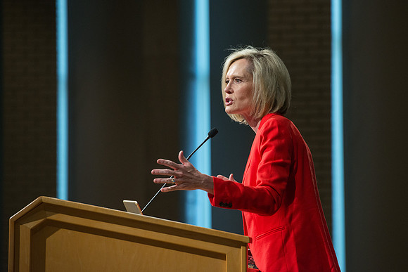 Sister Bonnie Cordon in the General Young Women's Presidency addresses Employees gathered in the Taylor Chapel.