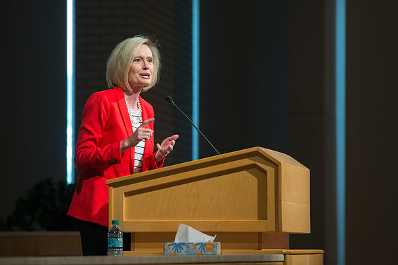 Sister Bonnie Cordon in the General Young Women's Presidency addresses Employees gathered in the Taylor Chapel.