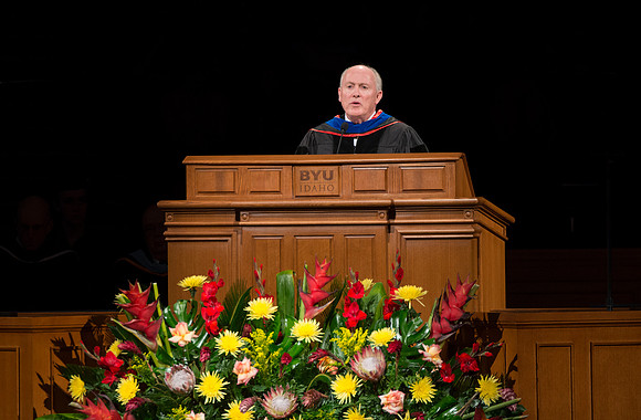 Elder Richard J. Maynes, Presidency of the Seventy give the keynote address during April 2014 Graduation ceremonies in the BYU-Idaho Center.