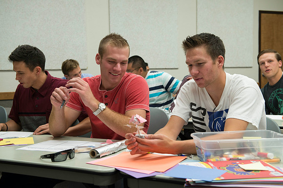 Business Management students learn some creative developement and thinking skills to prepare them for their IBC groups. The class is taught in a group effort by Craig Bell, Drew Eagar and Kent Lundin.