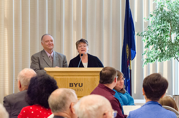 Ricks College Alumni gather together during the Emeritus Breakfast to honor John and Trudy Bidwell.