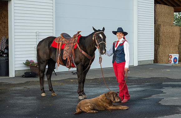 An American horseback rider with her horse Boon. Marketing photos for Online Recruiting.