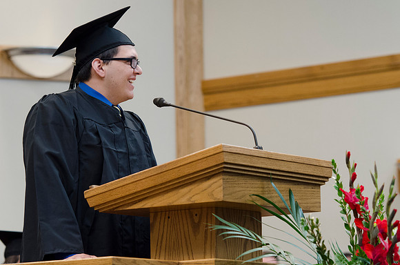 Colt Farmer, Sociology Graduate, Speaks to fellow graduates at College of Education and Human Development Convocation.