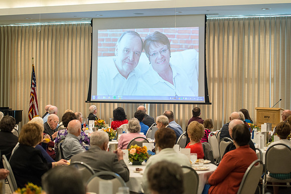 Ricks College Alumni gather to honor John and Trudy Bidwell at an Emeritus Breakfast.