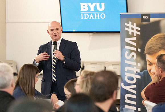 Alumni in the Cache Valley area gather at Eagles Landing Event Center, in Smithfield, Utah and get the chance to listen to and meet President Meredith.
