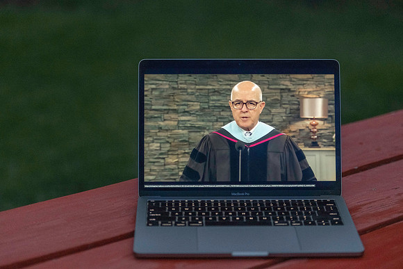Elder L. Whitney Clayton speaks at Spring semester commencement broadcasted live during COVID-19.