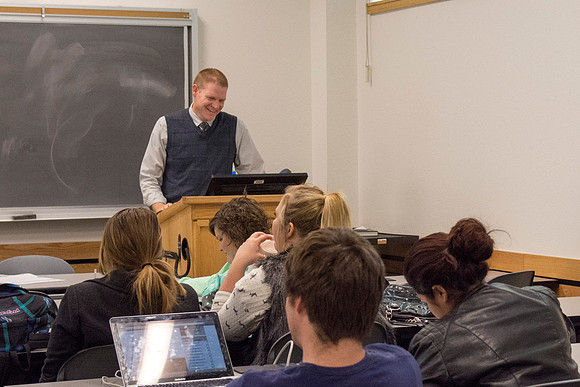 Jeremy Lamoreaux, faculty member of the Brigham Young University-Idaho Political Science department, teaching in class.