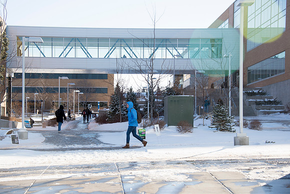Campus after a light snow fall on a winter morning.