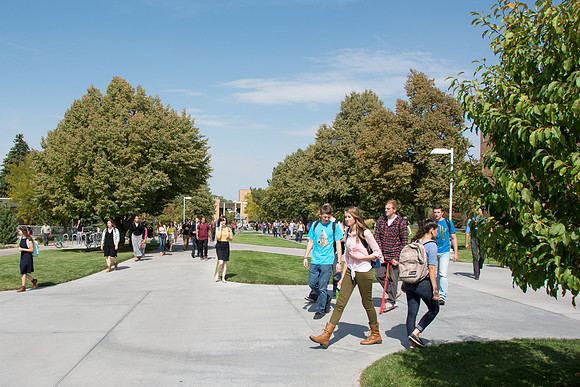 Students gather to listen to President and Sister Clark talk in the i-Center for the first devotional of the semester.