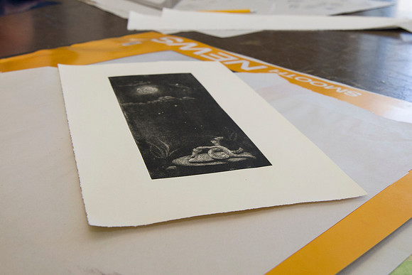 A student's finished work after having gone through the press in Sister Jimison's Printmaking class.
