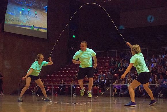 Brigham Young University-Idaho students, faculty and guests participate in the annual slam dunk competition held in the Hart Gym. Events included are the three-point shoot-out, a Spirit team performan