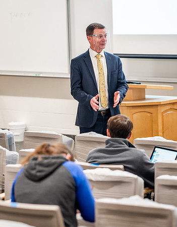 BYUI classes in the religion department meeting during Covid-19 with masks and social distanced seating.