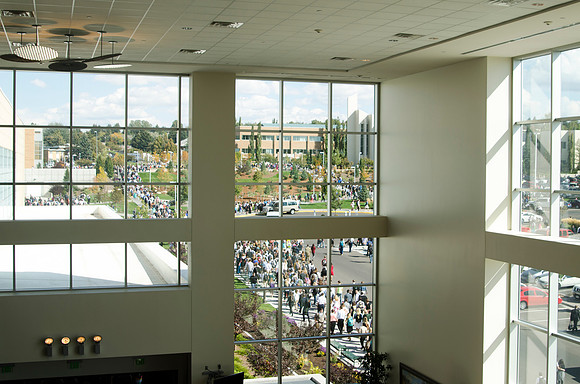 Students walking from the I-Center after Devotional. Shot taken from inside the I-Center.