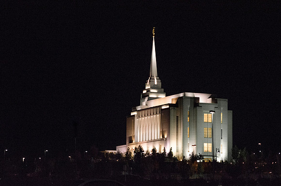 The Rexburg Temple shines brightly on the hill just south of BYU-Idaho campus