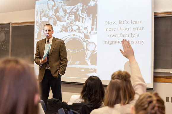 Brother Michael Madsen teaches his early morning Geography For Elementary Teachers class in the Ricks Building.