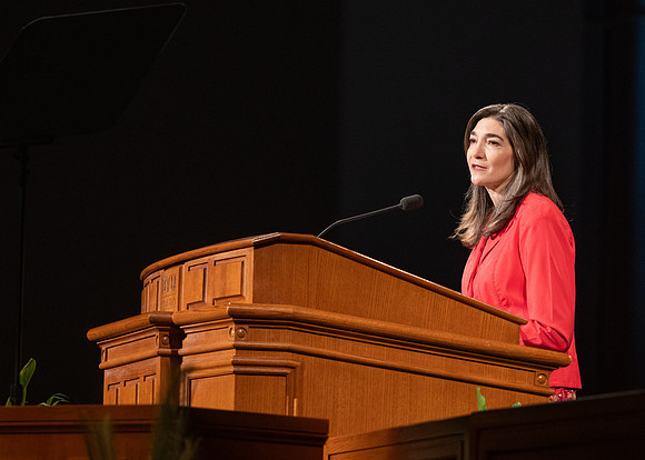 Sister Andrea Muñoz Spannaus and her husband Alin Spannaus speak to students at BYU-Idaho.