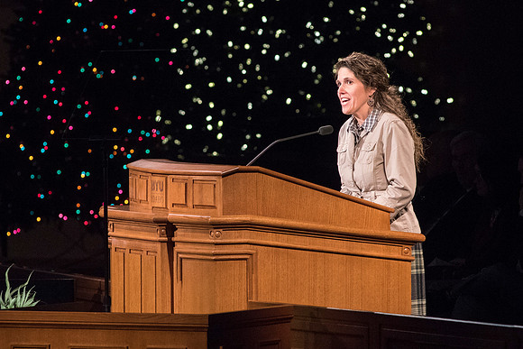 Kynda Roberts, of the psychology department, speaks at devotional.