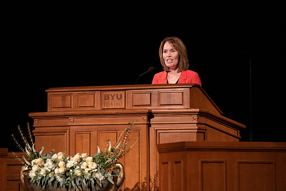 Amanda Kingsford speaks in devotional to an empty auditorium due to Covid-19 restrictions.