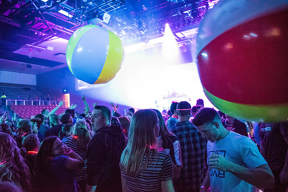 First Friday is a campus event to kick off the new semester with activities, inflatables, food, and dancing. Fall Semester.