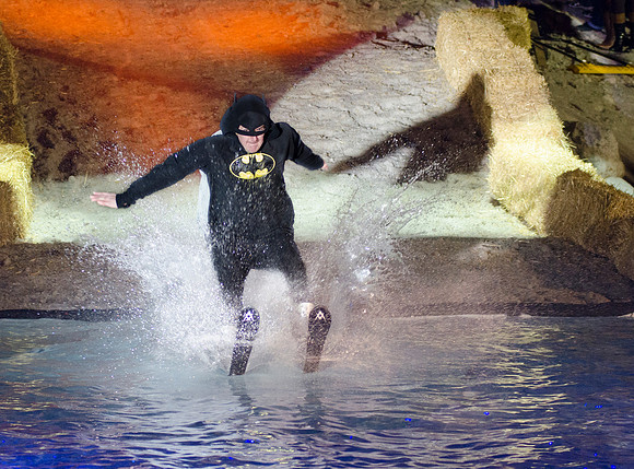 Students at Brigham Young University-Idaho take part in the annual Pond Skimming event held on campus at BYU-Idaho. Students wait in the cold or take the daring attempt to skim a pool of water using a