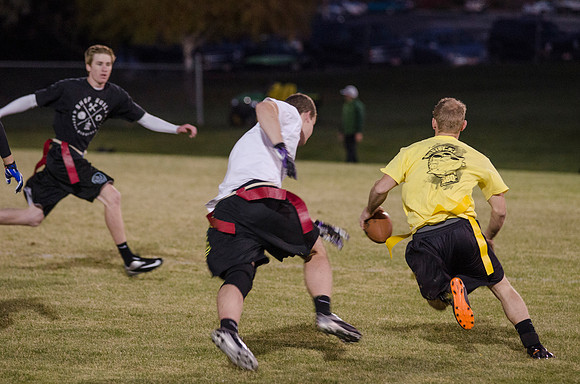 BYU-Idaho students play flag football with the rec sports program on BYU-Idaho campus
