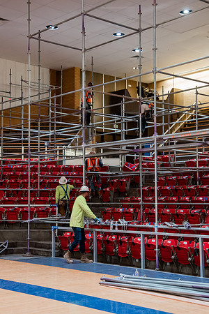 Construction in the BYUI Hart building main gym, locker rooms, and racquetball courts.