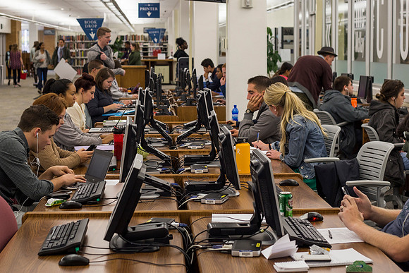 Students prepare for their classes, in the McKay Library.