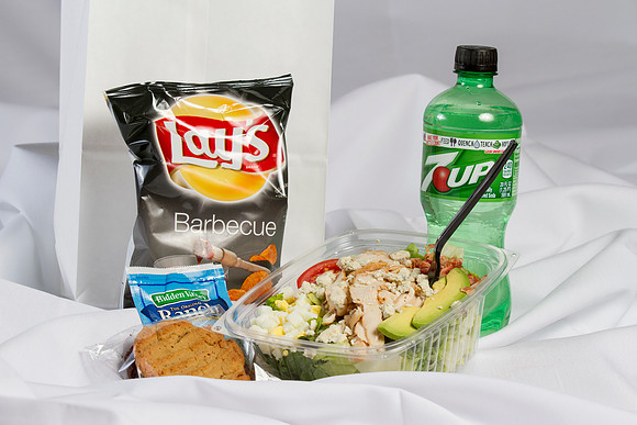 Served with a 20 ounce Beverage and appropriate salad dressing with potato chips and dessert.
