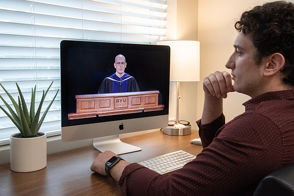 A BYU-Idaho Student watching President Henry J. Eyring during the Spring Graduation Live Stream.