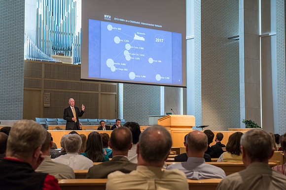 Employees gather in the Taylor Chapel for an All Employee Meeting where President Clark talked about the growth and future of Pathway and Online Learning.