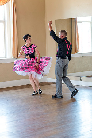 Adam and Jennifer Anderson dancing at the Woodman Ballroom for Online Recruiting marketing material.
