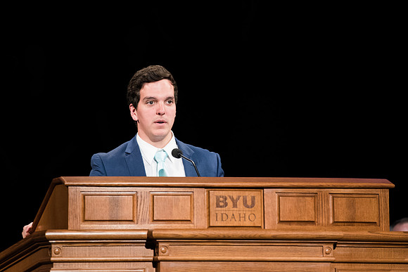 BYU-Idaho Devotional. Student sharing a Scripture. Spring Semester