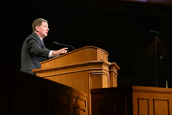 Elder James R Rasband of the Quorum of the Seventy speaks at devotional in the BYU-Idaho Center.