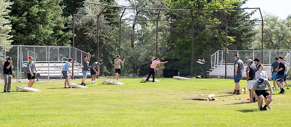 Students participate in the campus spikeball and cornhole tournament.