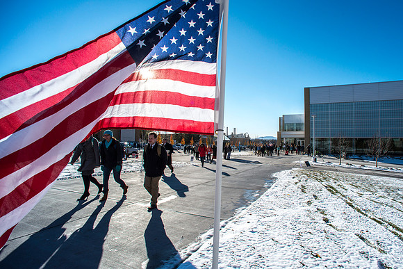 Students exiting devotional on Veterans Day.