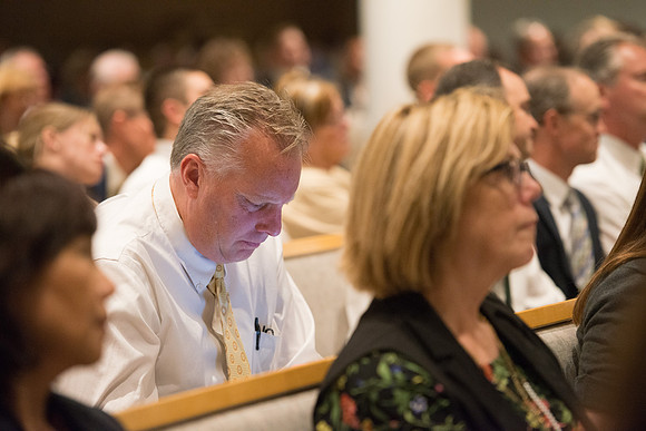 Sister Bonnie Cordon in the General Young Women's Presidency addresses Employees gathered in the Taylor Chapel.