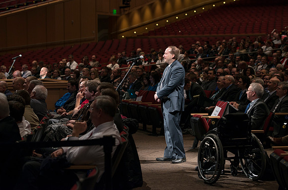 President Gilbert and Elder David A. Bednar Have a Q&A style meeting for the BYU-Idaho employees. Elder Bednar was the President during the transition of Ricks College to BYU-Idaho.