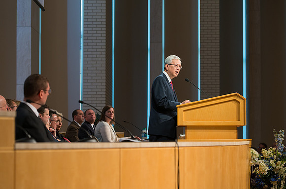 Elder Gerrit W. Gong of the First Quorum of the Seventy addresses employees in an all employee meeting. Sept 2016.