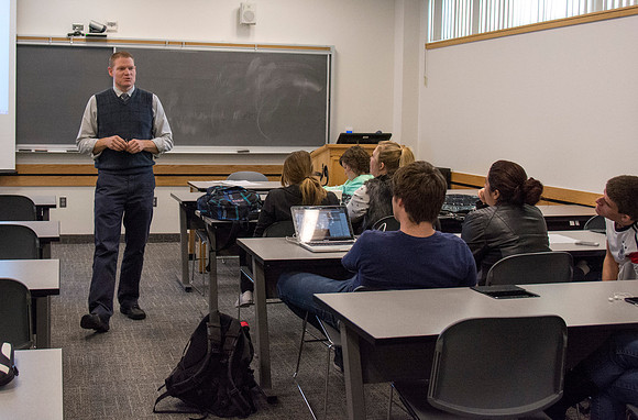 Jeremy Lamoreaux, faculty member of the Brigham Young University-Idaho Political Science department, teaching in class.