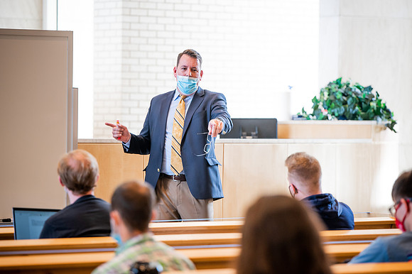 BYUI classes in the religion department meeting during Covid-19 with masks and social distanced seating.