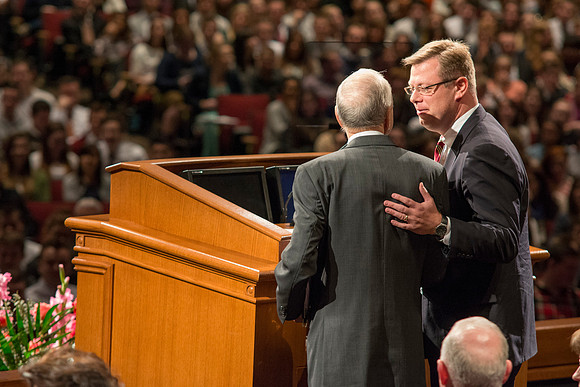 Elder Russell M. Nelson, of the Quorum of the Twelve Apostles, introduces Brigham Young University-Idaho's newest President of the University, Clark G. Gilbert. Photo by Ryan Chase