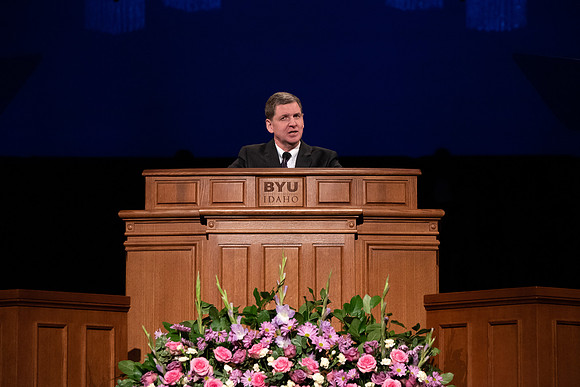 Elder James R. Rasband, General Authority Seventy, speaks to students at devotional in the BYU-Idaho Center.