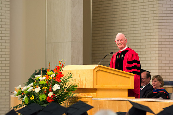 President Kim B. Clark speaks at the convocation ceremony for the College of Physical Sciences and Engineering held in the Taylor Chapel. Photo by Ryan Chase