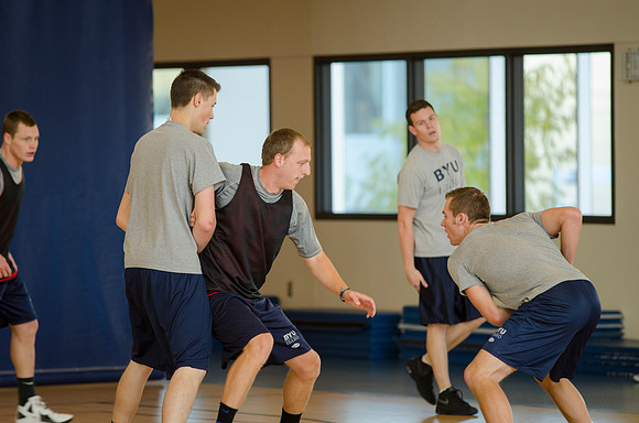 BYU-Idaho students playing basketball at the I-Center on campus
