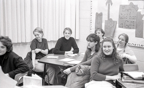 Elementary Education students practice in the classroom. December 1999.