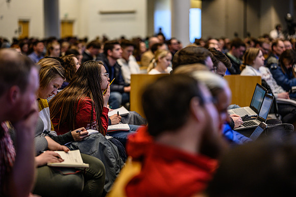 Students listen to Don Sleight, CEO of AgReserves, Inc for The Church of Jesus Christ of Latter-day Saints speak on the topic of: Learning From Science, Learning From Faith, in the Taylor Chapel.